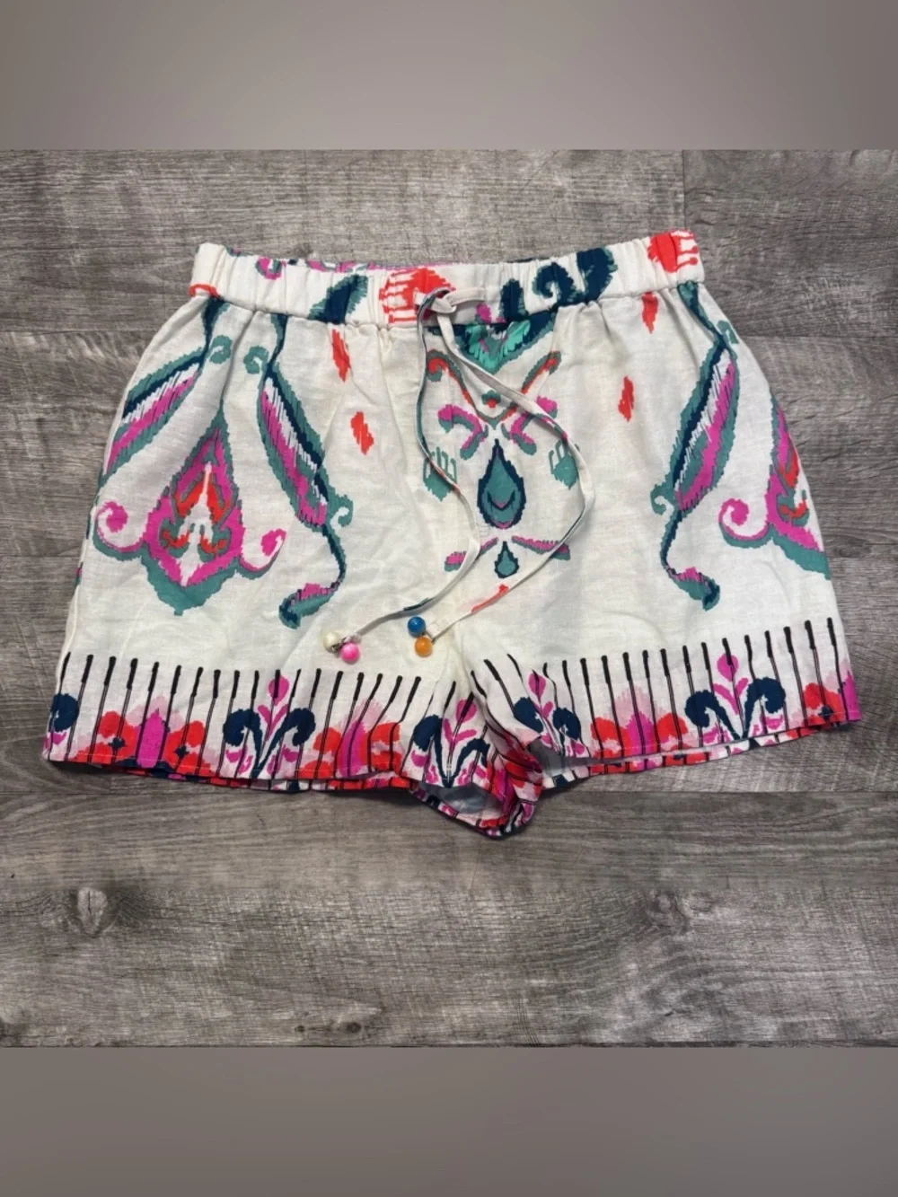 Zara Linen Blend Boho Green Leaf Print Drawstring Shorts NWT Womens Sz. S